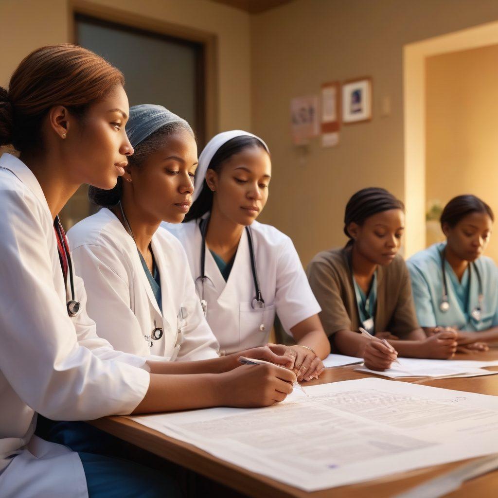 An inspirational scene depicting a diverse group of survivors, each representing various backgrounds, engaged in a thoughtful discussion. In the background, a serene medical facility symbolizes hope, with various treatment icons like trial papers and palliative care symbols gently blended in. Soft, warm lighting filters through, enhancing the atmosphere of support and resilience. Include a sense of community and collaboration among the survivors. super-realistic. vibrant colors. soothing background.