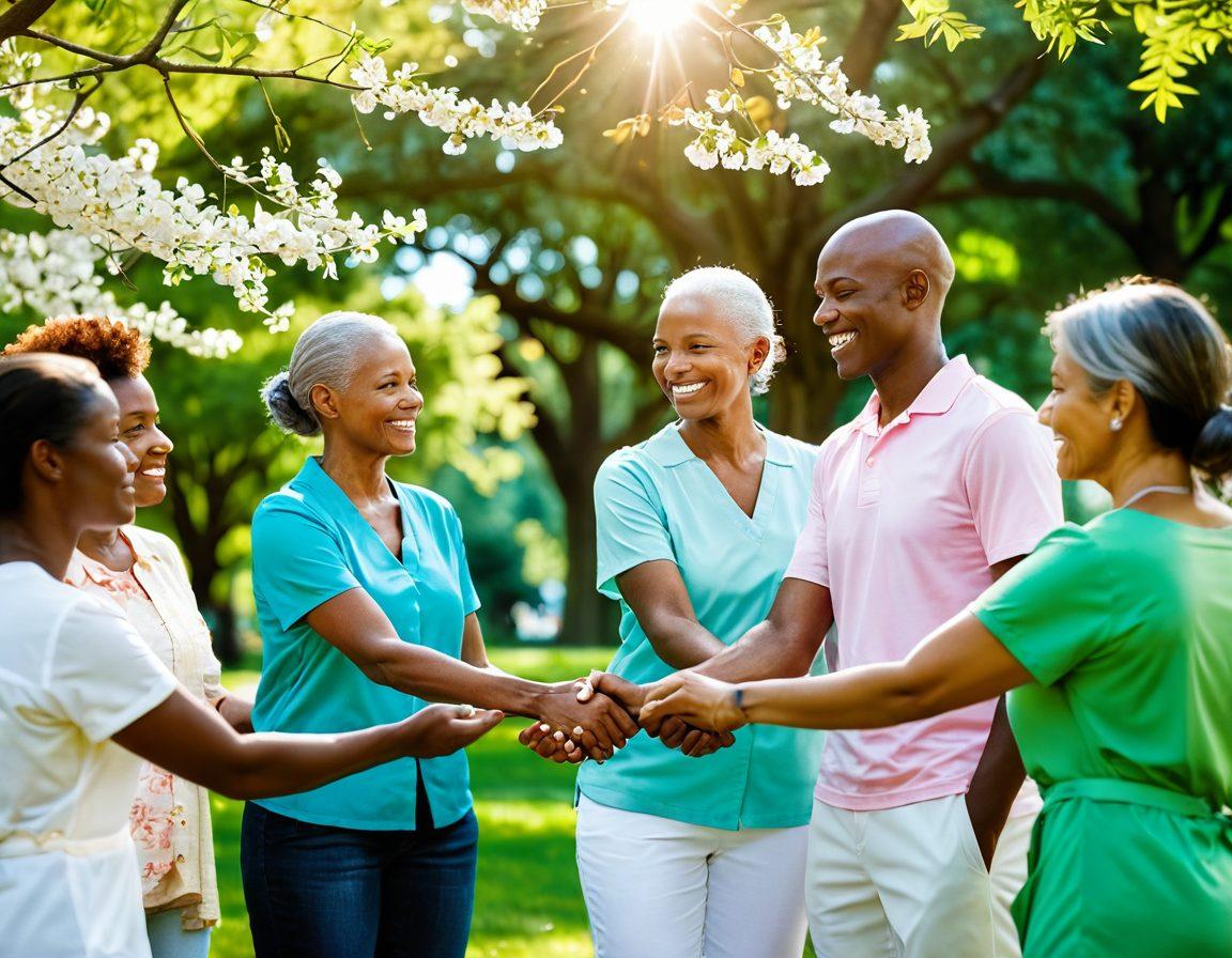 A serene gathering of diverse individuals in a lush green park, engaged in supportive conversations, holding hands, and sharing stories, symbolizing unity and hope in cancer care. In the background, a ribbon representing cancer awareness flutters gently in the breeze, with flowering trees adding a touch of warmth. Bright sunlight casts an inviting glow over the scene, highlighting compassion and resilience. super-realistic. vibrant colors. soft focus.