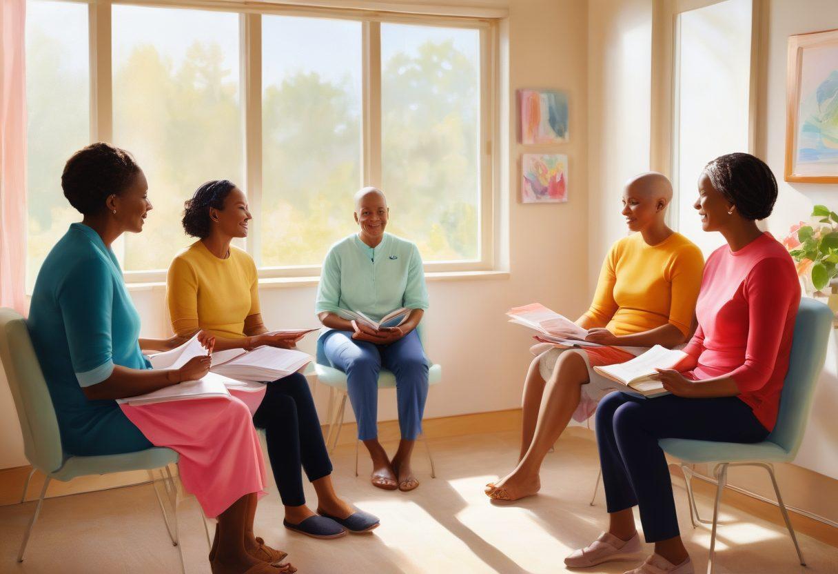 A hopeful and warm scene of a diverse group of cancer patients gathered in a serene, sunlit room, engaging with educational materials and sharing supportive conversation. Include symbolic elements like a ribbon of various colors representing awareness, books, and a compassionate healthcare professional guiding them. The atmosphere should evoke a sense of empowerment, community, and resilience. soft colors. painting. uplifting style.